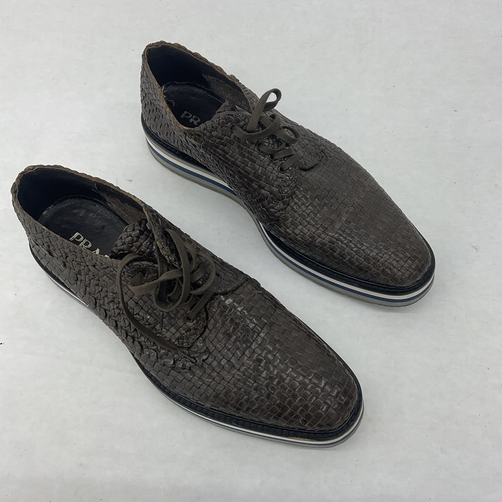 COPY Prada Mens Brown Leather Braided Design Round Toe Derby Dress Shoes Sz 12